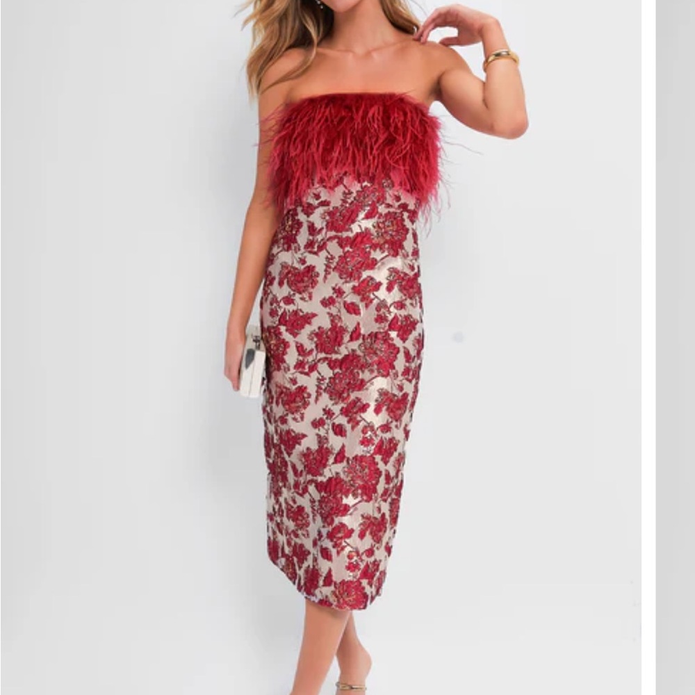 NWT Tuckernuck Red Jacquard Feathered Reina Midi Dress